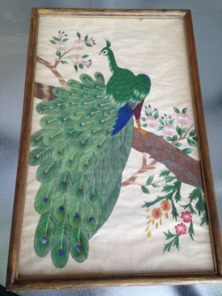 Unique Vintage Japanese Peacock Silk Embroidered Art