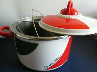 Vintage Pasta Time Metrokane 3 - Pc Set Enamel Cooking Pot,  Lid,  Strainer W/ Timer