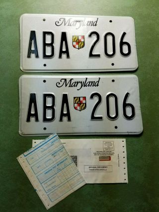 Pair 1994 Maryland License Plates W/ Crest,  Paperwork