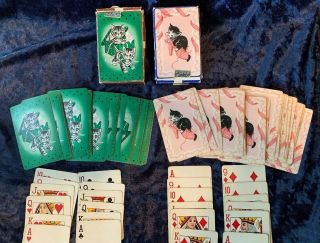 2 Vintage 40s Pinochle Playing Card Decks Double Deck Kitty Cats 1940s Tax Stamp