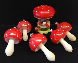 Omg 6 Toadstool Christmas Ornaments Vintage 5 Are Blown Glass Hand Painted