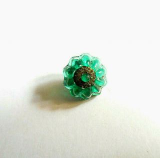 Antique Charmstring Glass Button Swirl Back Green W Brass Ome 3/8 "