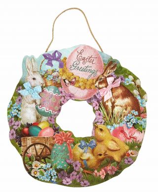 Xl Retro Easter Wreath,  Die Cut Vintage Easter Wreath For Front Doors And Walls,