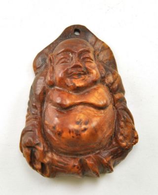 Vintage Boxwood Natural Wood Hand Carved Carving Figurine Happy Buddha Pendant