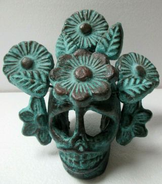 Mexican Folk Art Clay Pottery Turquoise Skull Day Of The Dead Figure 8 "