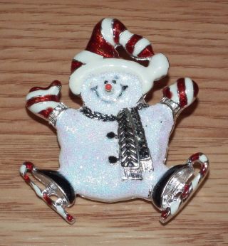 Silver Tone White Glitter Enameled Snowman On Ice Skates Collectible Pin/brooch