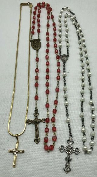 3 Vintage Antique Costume Jewelry Rosary And Crosses Estate Find