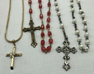 3 Vintage Antique Costume Jewelry Rosary And Crosses Estate Find 2