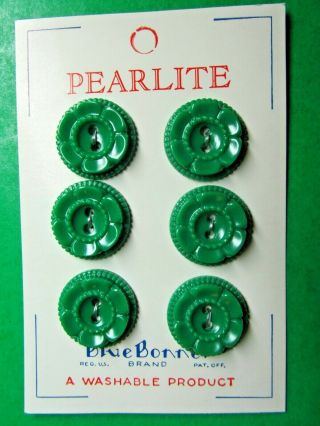 (6) Vintage 3/4 " Blue Bonnet Pearlite Green Plastic Floral 2 - Hole Buttons Nos