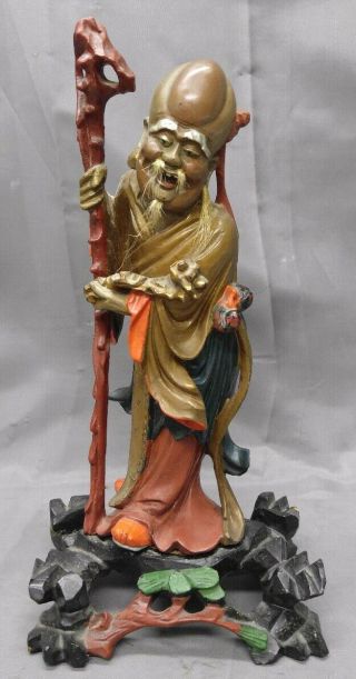 Old Vintage Hand Painted Carved Wooden Chinese Immortal Figure Statue Wood.