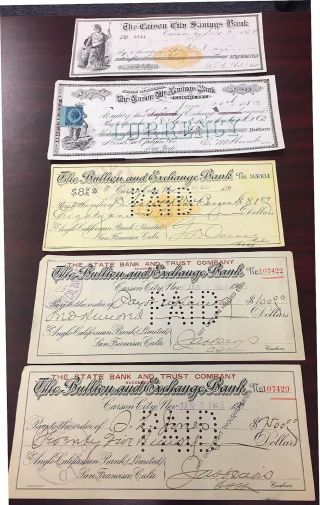 5 Different Old Bank Checks - Carson City