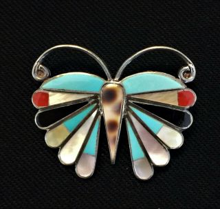 Vtg.  Native American Navajo Zuni Silver Inlay Turquoise Butterfly Pin Brooch Ee