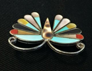 Vtg.  Native American Navajo Zuni Silver Inlay Turquoise Butterfly Pin Brooch EE 2
