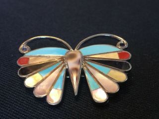 Vtg.  Native American Navajo Zuni Silver Inlay Turquoise Butterfly Pin Brooch EE 4