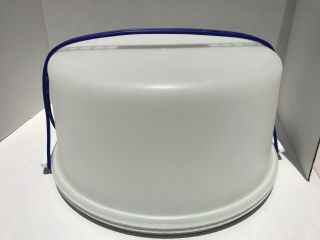 Vintage Tupperware Cake Carrier Taker Blue Handle White Plastic Speckled Bottom