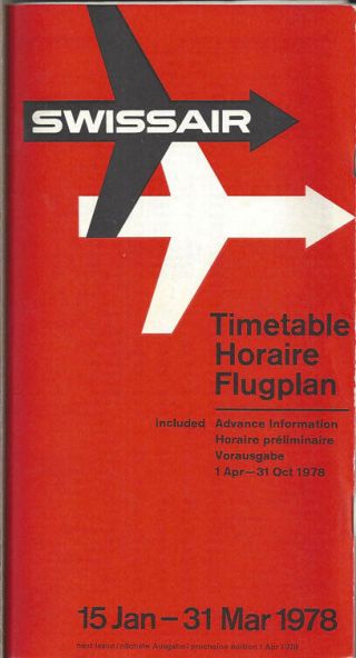 Swissair System Timetable 1/15/78