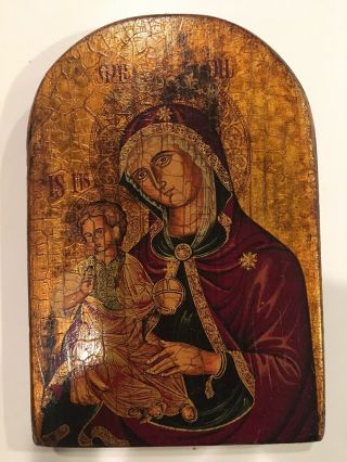 Vintage Orthodox Painting On Wood Madonna Child Icon Montenegro