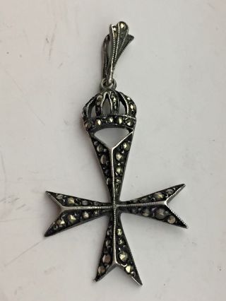 Vintage Sterling Silver Catholic Religious Medal Charm Pendant Cross With Crown