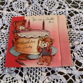 Vintage Greeting Card Birthday Party Invite Cake Bears