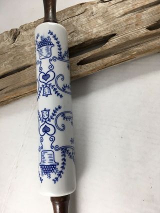 Vintage Ceramic Porcelain Rolling Pin Wood Handles Blue White