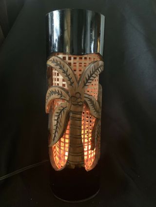 Vintage Bamboo Tiki Lamp,  Palm Trees,  Hand Carved,  Bar,  Hawaiian,  Cylinder