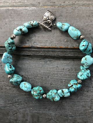 Large Vintage Chinese Natural Turquoise Nugget Necklace With Silver Heart Clasp