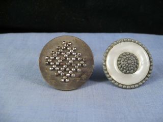 Pair Antique Pearl Buttons Steel Vintage Button Sewing Box Craft Victorian