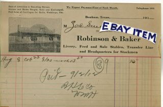 1911 Bonham Texas Billhead Robinson & Baker Livery Feed Stables Zack Smith