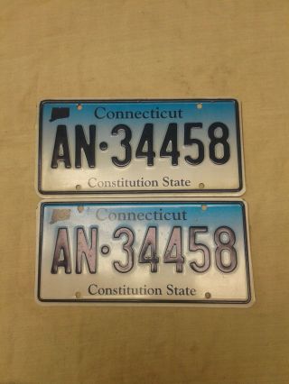 Pair Connecticut License Plate Tag Blue Fade Ct Conn An 34458 (468)