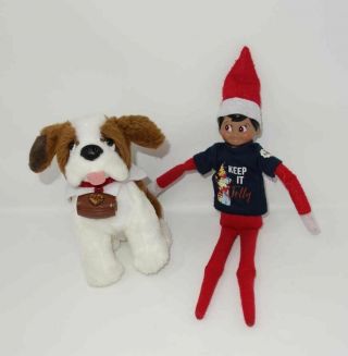 Elf On The Shelf Dark Skin Wearing T - Shirt With St.  Bernard Plush Pet Dog