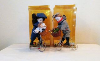 2 Kurt Adler Victorian Bisque Boy&girl Figures W/bicycles 1983 Orig Boxes W/tags