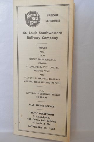 St Louis Southwestern Railway Freight Schedules Nov 1954 Cotton Belt Route
