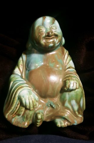 Vintage Buddah Figurine Hand Painte - Glazed Green Ceramic Signed 1960 