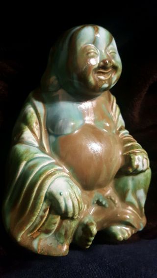 Vintage Buddah Figurine Hand Painte - glazed green Ceramic Signed 1960 ' s 4.  5 