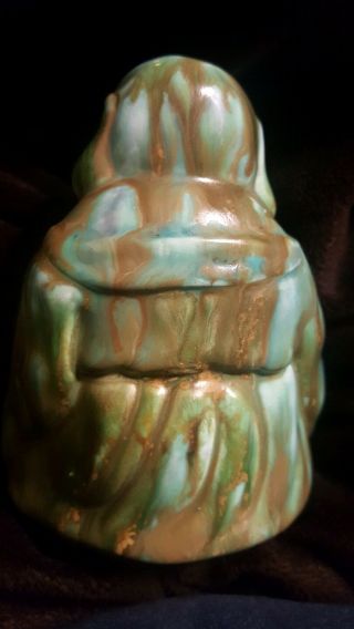 Vintage Buddah Figurine Hand Painte - glazed green Ceramic Signed 1960 ' s 4.  5 