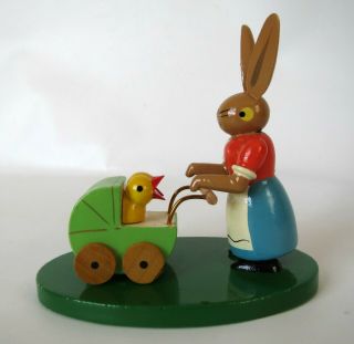 Vintage Holzwaren Gahlenz Wood Bunny W/ Easter Chicks Buggy Expertic 2 Wheels