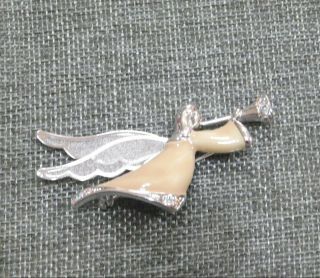 Vintage Christmas Brooch Holiday Angel Pin Ab Rhinestone Ivory Enamel Rhodium H7