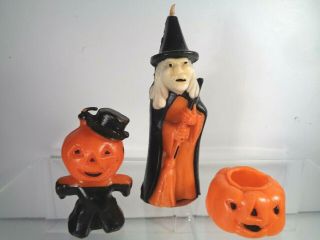 3 Vtg Gurley Halloween Wax Candles Witch Pumpkin Man Hollow Pumpkin