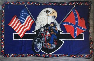 Vtg Motorcycle Tapestry Biker Harley Eagle Flag Rare Banner Cloth Wall Art