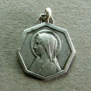 French Art Deco Sterling Silver Religious Medal Virgin Mary Lourdes Pendant