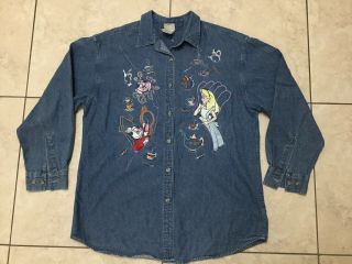 Disney Store Women Embroider Alice In Wonderland Button Up Shirt Sz L