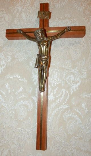 Vintage Wood Wall Crucifix With Brass Jesus Corpus