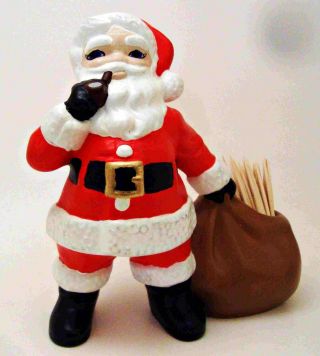 Vintage Christmas 5 " Ceramic Toothpick Holder Santa With Pipe And Toy Sack