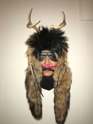 Native American Spirit Mask Indian Wall Decor With Fur And Antlers