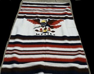 Vintage Mexican Wool Rug Blanket 80 " X55 " Fringe Southwestern Mexico Eagle Snake
