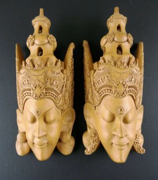Pair Vintage Balinese Carved Wooden Mask Wall Hanging Signed