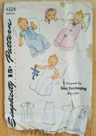 Vtg 1940s Simplicity Infant Baby Slip,  Dress,  Bonnet Pattern 4324
