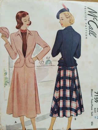 Uncut Mccall 7159 Vintage Sewing Suit Dress Pattern Bust 32 40s 1940s Mccall 