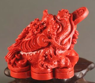 Chinese cinnabar red jade hand - carved dragon 金蟾 statue pendant 2 inch 4