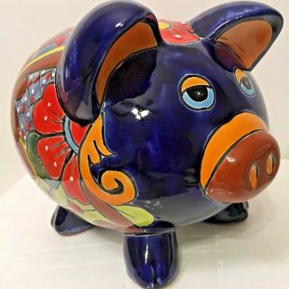 Mexican Pottery Talavera Fat Pig Piggy Bank Animal Southwest Large 12 " Folk Art